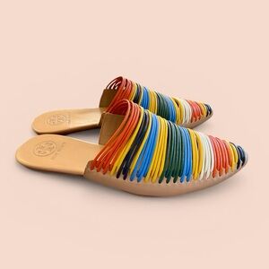 Tory Burch Multicolor Woven Strap Leather Slide Mules